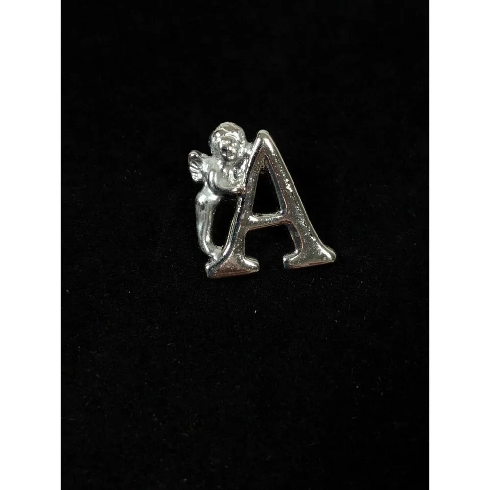 Vintage Silver Tone Initial Letter A‎ Angel Cherub Small Pin Brooch